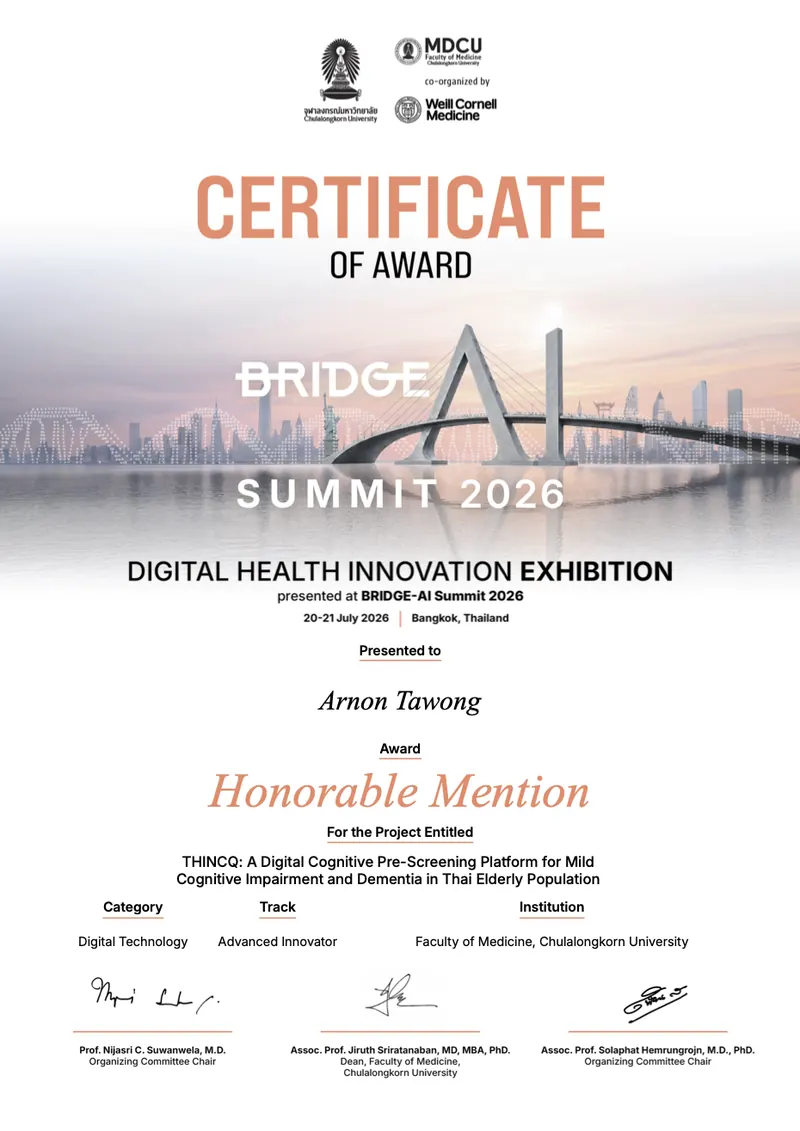 BRIDGE-AI Summit 2026 certificate of award: Honorable Mention for THINCQ, presented to Arnon Tawong